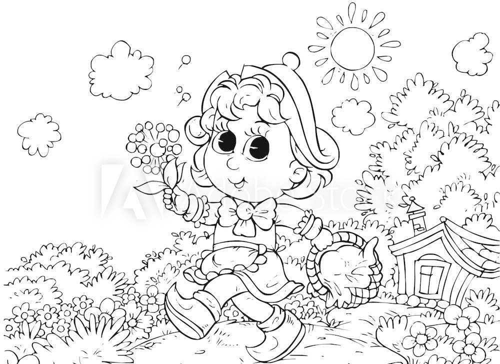 Online coloring book: Coloring red riding hood with basket and flowers